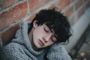 A young man is leaning against a brick wall photo