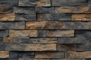 A textured wall made of stacked slate artesia stone cladding in varying shades of gray and brown. The stones are arranged in a horizontal pattern, showcasing natural variations in color and texture. photo
