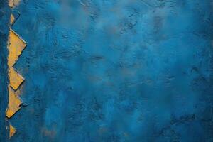 A textured blue wall with patches of yellow, creating an abstract background. photo