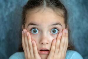 A young girl with big blue eyes is holding her hands to her face photo