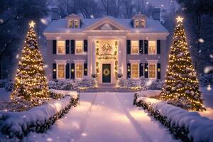 A beautiful house with christmas lights and trees photo