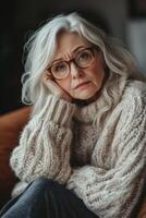 An older woman with glasses sitting on a couch photo