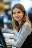 A woman is sitting at a desk in front of a computer photo