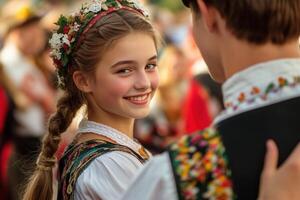 A young woman in traditional clothing is smiling at the camera photo