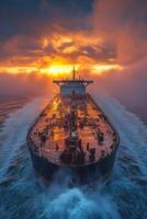 A large cargo ship navigating through misty waters at sunset, with vibrant orange and yellow hues in the sky reflecting on the ship's surface. photo