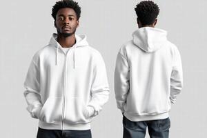 Two men wearing white hoodies mockup photo