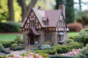 A Tudor house style charming miniature stone cottage with a steep roof and wooden accents, surrounded by lush greenery and colorful flowers in a garden setting. photo