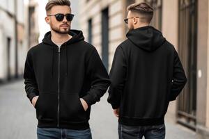 Two men wearing black hoodies and sunglasses photo