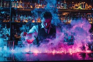A bartender skillfully prepares a cocktail in a vibrant, smoky bar setting. The scene is illuminated with colorful lights, creating a dramatic atmosphere. photo