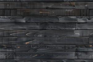 Dark, charred wooden panel planks arranged horizontally. The texture showcases the natural grain and patterns of the wood, with some areas appearing smoother and others more rugged. photo