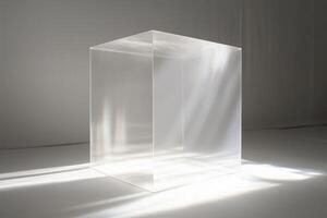 A transparent acrylic cube stage for product placed on a white surface, illuminated by soft light, creating reflections and shadows. photo