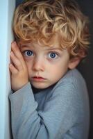 A young boy with blue eyes leaning against a wall photo