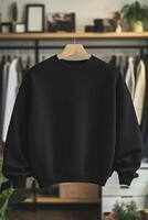 A black sweatshirt mockup hanging on a wooden hanger in a stylish clothing store. The background features neatly arranged garments and decorative plants, creating a modern and inviting atmosphere. photo