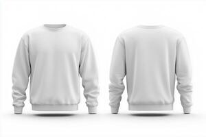 A plain white sweatshirt mockup from the front and back, showcasing a simple and clean design. Ideal for clothing mockups or fashion presentations. photo