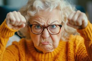 An older woman with glasses and an angry expression photo