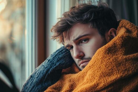 A man is wrapped in a blanket and looking out the window photo