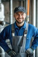 A smiling man in overalls standing in front of pipes photo