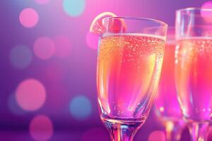 Two glasses of champagne with pink and purple lights photo