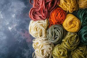 A colorful arrangement of various types of pasta, including red, orange, yellow, green, and white fettuccine noodles, artistically displayed on a textured surface. photo