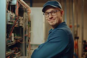 A smiling mechanical engineer technician in a blue uniform and cap stands next to an open electrical panel filled with wires and circuit boards, showcasing a friendly and professional demeanor. photo