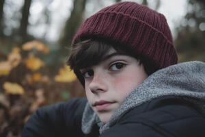 A boy wearing a red hat and a black jacket photo