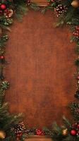 A rustic wooden background framed with festive Christmas decorations including pine branches, red and gold ornaments, pine cones, and holly leaves. Christmas texture background. photo