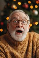 An old man with glasses and a sweater is looking surprised photo