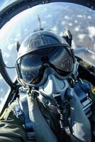 A man in a fighter jet with goggles on photo