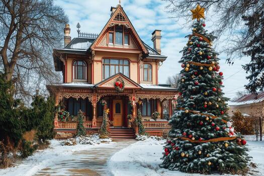 un hermosa victoriano casa con un Navidad árbol en frente foto