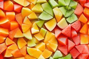 A colorful assortment of diced fruits including watermelon, cantaloupe, honeydew, and kiwi, arranged in a vibrant pattern. photo