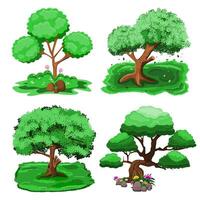 trees on a white background illustration with grass and rock. vector