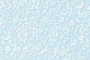 Seamless delicate floral lace pattern on a light blue background, featuring intricate swirls and rose motifs, creating a soft and elegant texture. Wedding texture background. photo