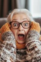 An older woman wearing glasses and a sweater is surprised photo