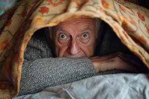 An older man is hiding under a blanket photo