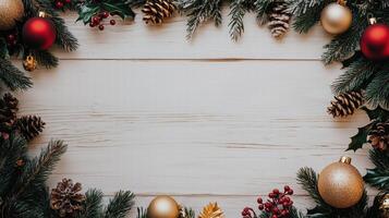 A festive Christmas frame made of pine branches, pine cones, red and gold ornaments, and holly berries on a wooden background. Christmas texture background. photo