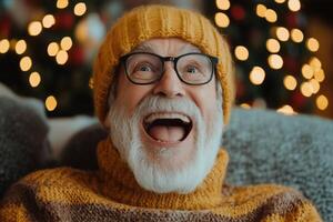 An old man with a beard and a yellow sweater is laughing photo