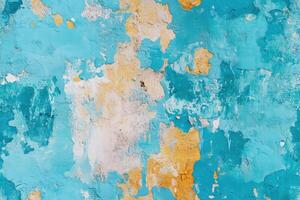 Seamless textured wall with peeling paint in shades of turquoise, white, and orange. The surface shows a mix of colors and patterns, creating an abstract and artistic appearance. photo