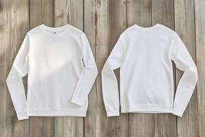 White sweatshirt mockup on wooden background photo