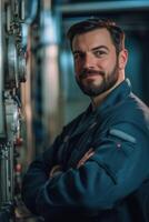 A confident male technician service engineer in a blue work uniform stands with crossed arms in a modern industrial setting, featuring machinery and equipment in the background. photo
