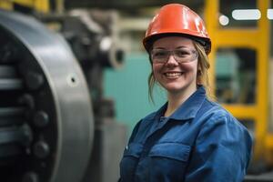 A smiling CNC machine operator female worker in a blue uniform and orange hard hat, wearing safety glasses, stands in a factory setting with machinery in the background. photo