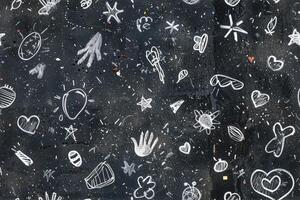 A black and white chalkboard with doodles and hearts photo