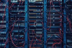 Server rack filled with numerous circuit boards and tangled wires, showcasing a complex network of connections and technology. photo