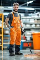 Man in orange overalls holding a broom photo