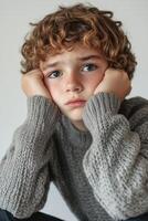 A young boy sitting with his hands on his face photo