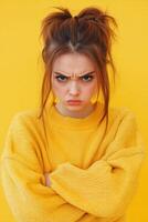 A young woman with an angry expression, wearing a bright yellow sweater, against a vibrant yellow background. Her arms are crossed, and she has messy hair tied in a ponytail. photo