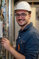 A young technician electrician wearing a hard hat and glasses, smiling while working on electrical equipment. The background shows wires and machinery, indicating a technical environment. photo