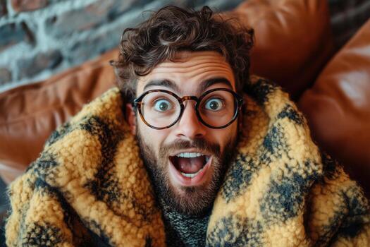 A man with glasses and a scarf is looking surprised photo