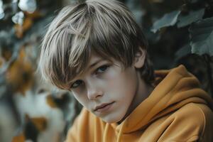 A boy in a yellow hoodie looking into the camera photo