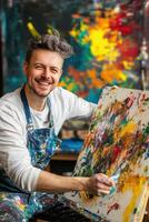 A cheerful painter artist in a paint-splattered apron smiles while painting on a canvas filled with vibrant colors. The background features abstract art with splashes of yellow, red, and blue. photo