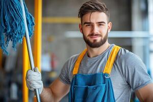 A man in an apron holding a mop photo
